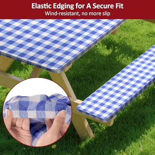 7ft Picnic Table and Bench Cover, Camping Essentials RV Gear, 84 in Waterproof Windproof Outdoor Elastic All Around Tablecloth, Fitted Rectangle Tables and Seats, Blue-White Checkered - color: Blue-white Checkered, size: 84"