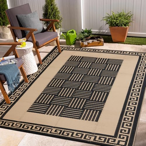 YONILE Outdoor Rug 9x12 ft Waterproof, Reversible Outdoor Plastic Straw Rug for Patios Clearance, Outdoor Area Rug Carpet RV Mat for Camping Backyard Deck Porch - color: Black&coffee-striped, size: 9x12ft