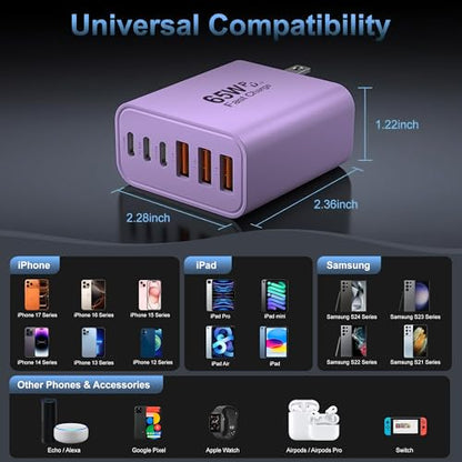 65W USB C Charger Block,6-Port Multi Device Fast Charger PD QC Wall Adapter | GaN technology saves space and reduces heat,ideal for home,office,travel,wide compatibility for iphone & USBC devices（Purple - color: Purple