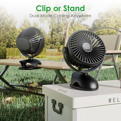 Minthouz Clip on Fan, 8000mAh USB-C Rechargeable Small Desk Fan, 4-Speed 720° Rotation Personal Mini Clip Fan, Portable Mount Fan for Office, Treadmill, Golf Cart, Stroller, Camping & Travel