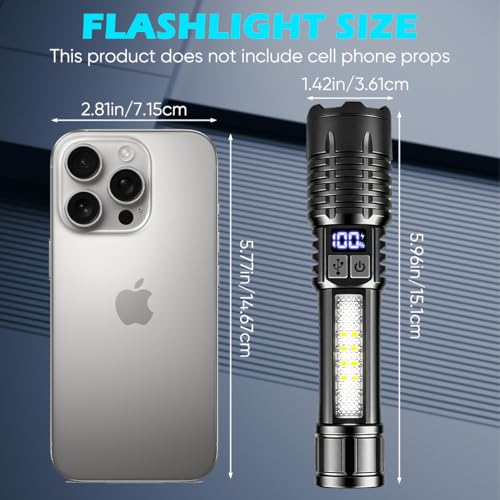 Rechargeable Flashlights with Side Light & Digital Power Display, Bright LED Flashlight with Warning Lights, 5 Modes & Waterproof for Emergency, Camping, Hiking and Home - color: Black