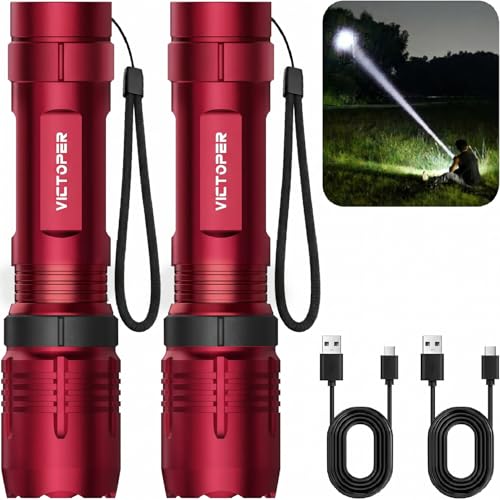 Victoper Red Rechargeabe Flashlight 2 Pack, High Lumens 5 Modes LED Bright Tactical Flashlights, Waterproof Zoomable Flash Light for Outdoor, Gifts for Camping Essentials Gear - color: Red A1200T, size: 2 PACK