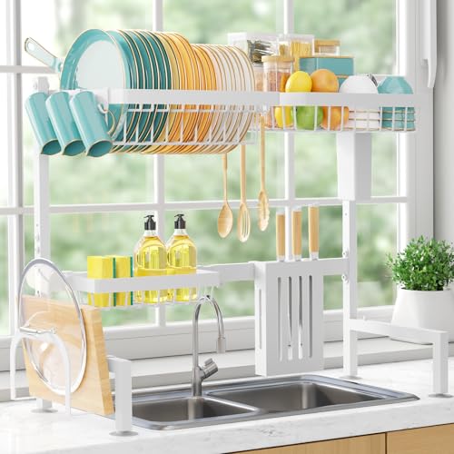 Sakugi Over The Sink Dish Drying Rack - Adjustable 2 Tier Large Capacity Stainless Steel Drainer with Cutlery & Utensil Holders, Kitchen Storage & Organization, 30"-33.9" L x 11" W x 21.5" H, White - color: White, size: Standard - 3 Baskets