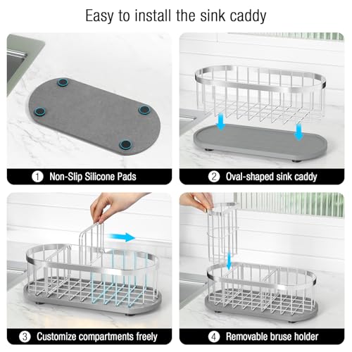 Sponge Holder for Kitchen Sink with High Brush Holder, [Stay-Dry Anywhere & No Drainage Needed] Rustproof Stainless Steel Kitchen Sink Caddy Organizer with Water Absorbing Stone Tray, Silver - color: Silver