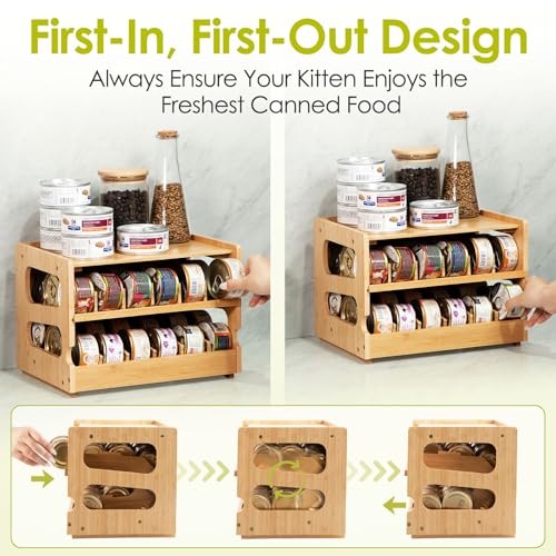 Coanto Cat Food Can Organizer for Pantry, Bamboo 2-Tier FIFO Rotating Can Dispenser, Holds 36 (3oz) Wet Cat Food Cans, Stackable Storage Shelf for Kitchen Cabinet