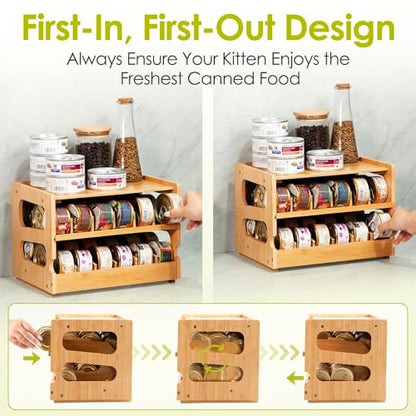Coanto Cat Food Can Organizer for Pantry, Bamboo 2-Tier FIFO Rotating Can Dispenser, Holds 36 (3oz) Wet Cat Food Cans, Stackable Storage Shelf for Kitchen Cabinet