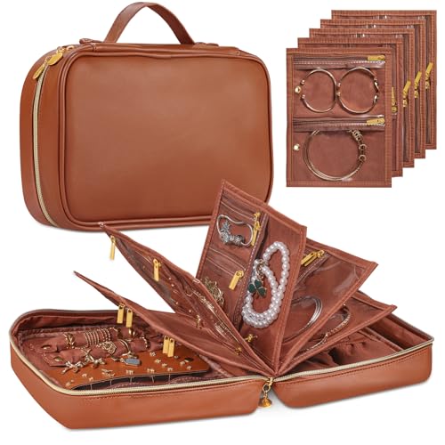 Leather Travel Jewelry Case Organizer,Jewelry Storage Book Binder with Clear Zipper Pouch & Lining-Portable Jewelry Bag for Earrings,Rings,Necklaces,Bracelets (Brown) - color: Brown