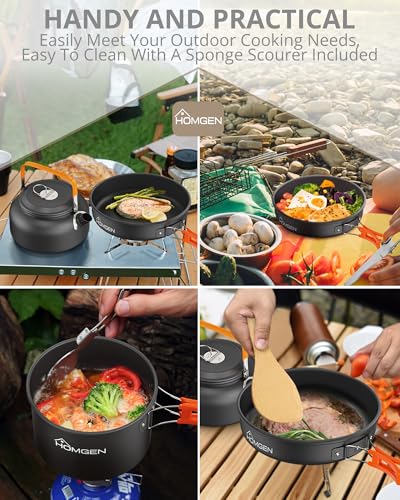 HOMGEN Portable Ultralight Anodized Aluminum Camping Cookware Set - Nesting Camping Pot and Pan-800ml Insulated Teapot-Carrying Bag-for Camping Hiking Picnic RV Trip - size: For 4 People