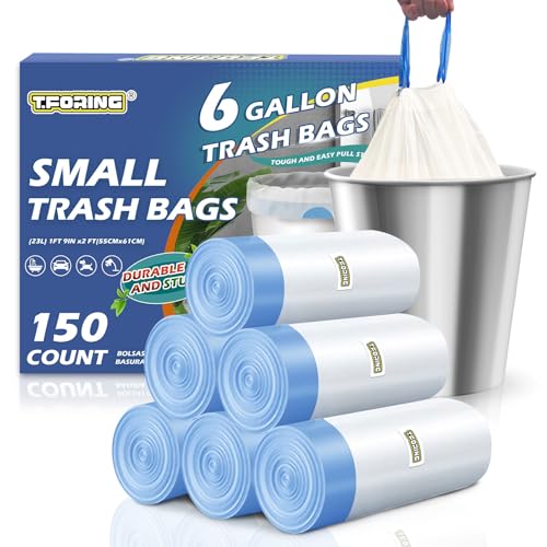 Medium 6 Gallon Trash Bags Drawstring,1.1 Mil,Unscented,150 Count | Leakproof,Strong Plastic Garbage Can Liners,White,Fit 18 - 23 Liter Waste Bins,for Bathroom Office Kitchen Everyday Use - color: Drawstring-6 Gal-150