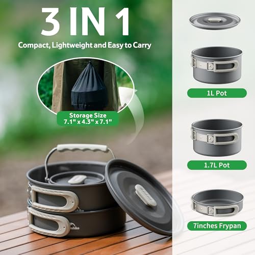 Naturehike Camping Cookware Set Mess Kit for Backpacking Gear, Camp Cooking Set, Camping Pots and Pans Set for Outdoor Backpacking Camping Hiking Picnic - color: 1.7L pot+7'' frying pan+1L pot