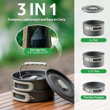 Naturehike Camping Cookware Set Mess Kit for Backpacking Gear, Camp Cooking Set, Camping Pots and Pans Set for Outdoor Backpacking Camping Hiking Picnic - color: 1.7L pot+7'' frying pan+1L pot