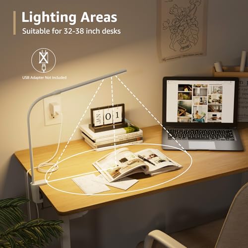 Lepro Small Desk Lamp with Clamp, LED Reading Lamps with 450LM, 3 Color Modes 10 Brightness, Dimmable USB Clip on Desk Light with Gooseneck Swing Arm for Nail, Home Office and Dorm (White) - color: White