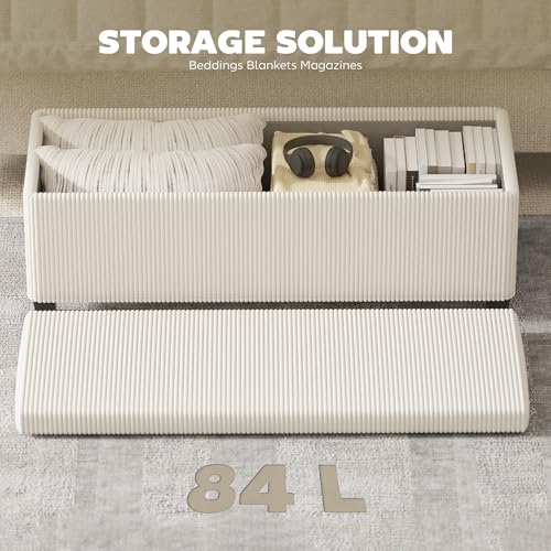 HOMCOM 44 Inches Storage Ottoman Bench, Foot Rest with Removable Lid, Legs, End of Bed Bench, Corduroy Storage Chest, Padded Seat, for Living Room, Bedroom, Entryway, Beige