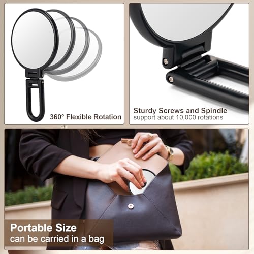 BOOMIBOO 1X/10X Magnifying Handheld Mirror Double Sided, Foldable Travel Makeup Mirror, Adjustable Rotation Pedestal Hand/Hanging/Desk Vanity Mirror-Black - color: Black