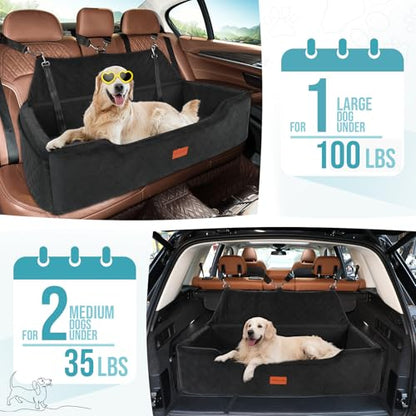HEGGCOOE Large Dog Car Seat Under 100 lbs, Washable Dog Car Bed for 2 Medium Dogs, Detachable Pet Booster Seat with Storage Pocket and Seat Belt for Back Seat Dog Travel Bed - color: Black