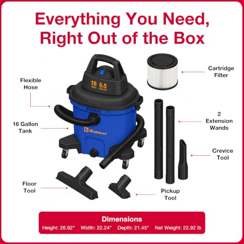 Koblenz WD-16 L4 Wet Dry Vacuum Cleaner, 16 Gallon Wet Dry Vac, 6.5 PHP, 3-in-1 Suction & Blower, Click-N-Lock Hose, Drain Plug, Big Vacuum Cleaner for Carpet & Floors, Swivel Casters, Black/Blue - size: 16 Gallon 6.5 HP