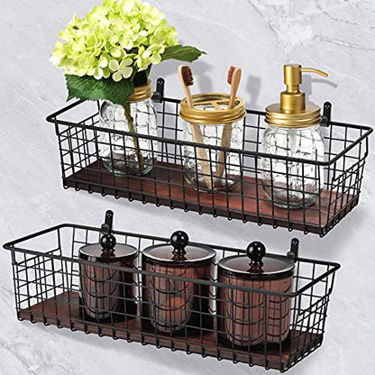 SheeChung 2 Set [Extra Large] Portable Metal Farmhouse Wall Decor Storage Organizer Basket Bin with Handles & Floating Shelves for Hanging in Bathroom, Kitchen, Office-Wall Mount Hooks, Black