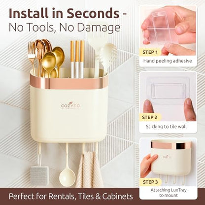 COZYTO LuxTray U1-Pro Wall Mounted Utensil Holder – Kitchen Organizer with Hooks, Dividers & Drain Tray, No-Drill Adhesive Wall Mount Storage, BPA-Free (Cream White & Rose Gold) - color: Cream White & Rose Gold