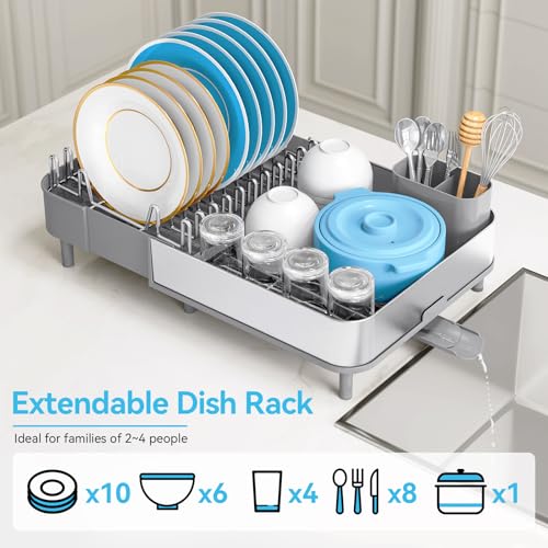 Urackify Dish Drying Rack - Dish Drainer for Kitchen Counter, Stainless Steel Dish Rack with Swivel Draining Spout & Drain Board, Expandable Space-Saving Kitchen Dish Organizer for 3-4 People, Grey - color: Gray