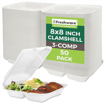 Freshware Compostable Clamshell Food Containers [8x8"] 3-Compartment 50-Pack, Disposable Containers, Biodegradable Sugarcane To Go Boxes - Paper Food Containers - Microwave & Freezer Safe, Stackable - size: 8 x 8 Inch [50-Pack]