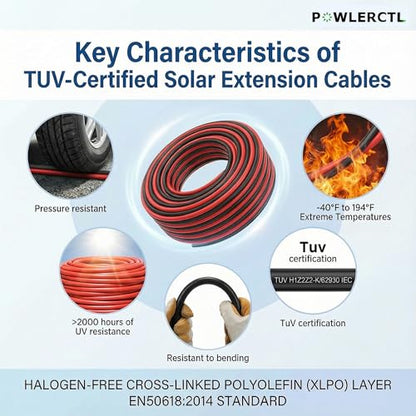 Solar Panel Extension Cable 10 AWG 100Ft 6mm² Wire Gauge Certified PV Cable,100% Tinned Copper Heavy Duty with Male Female Waterproof mc4 Connectors,for RV, Home Boat Photovoltaic Systems - size: 10AWG 100FT×2