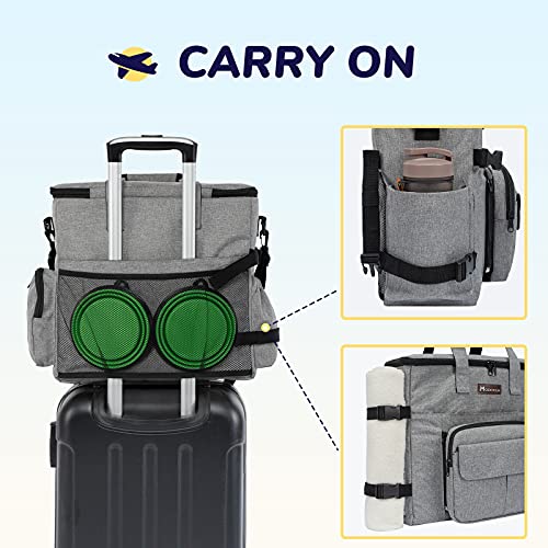 Modoker Dog Travel Organizer with 2 Collapsible Bowls for Supplies & Accessories, Airline Approved Dog Tote Pet Travel Bag with 2 Travel Food Container - color: Soft Grey