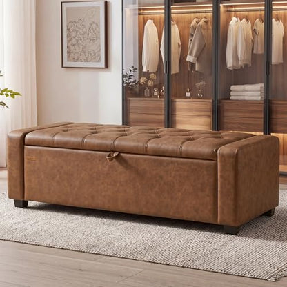 SONGMICS Storage Ottoman, Storage Chest Bench with Legs, End of Bed Bench with Safety Hinges, Pull Tab, for Living Room, Bedroom, 19.7 x 47.6 x 16.5 Inches, Synthetic Leather, Coffee Brown ULOM521KQ01 - color: Coffee Brown, style: Modern