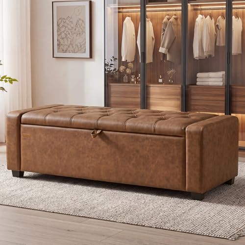 SONGMICS Storage Ottoman, Storage Chest Bench with Legs, End of Bed Bench with Safety Hinges, Pull Tab, for Living Room, Bedroom, 19.7 x 47.6 x 16.5 Inches, Synthetic Leather, Coffee Brown ULOM521KQ01 - color: Coffee Brown, style: Modern