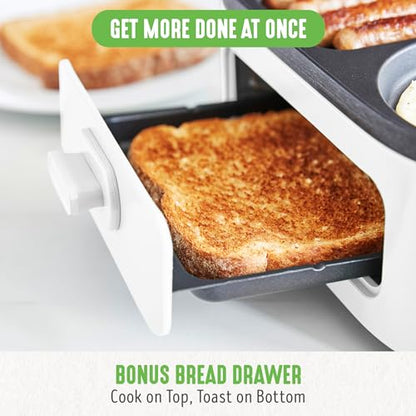 GreenLife 3-in-1 Breakfast Maker Station, Healthy Ceramic Nonstick Dual Griddles for Eggs Meat Sausage Bacon Pancakes and Breakfast Sandwiches, 2 Slice Toast Drawer, Easy-to-use Timer, White - color: White