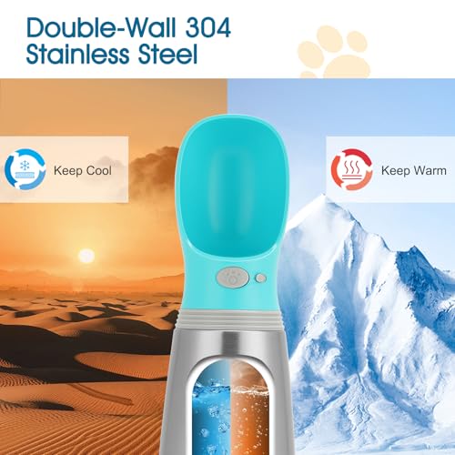 Portable Dog Water Bottle, 24 OZ, Stainless Steel Leak Proof Puppy Water Dispenser with Drinking Feeder for Pets Travel, Walking, Hiking and Outdoor Activities - size: 24 OZ - Blue, style: Button switch