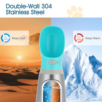 Portable Dog Water Bottle, 24 OZ, Stainless Steel Leak Proof Puppy Water Dispenser with Drinking Feeder for Pets Travel, Walking, Hiking and Outdoor Activities - size: 24 OZ - Blue, style: Button switch