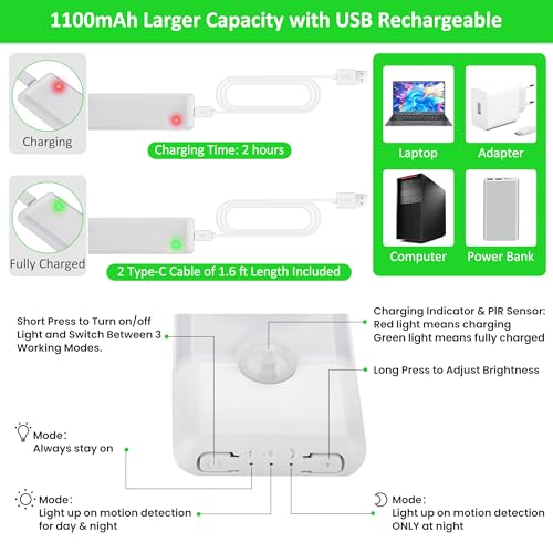 Motion Sensor Under Cabinet Lights, Magnetic Rechargeable Under Counter Closet Light, Wireless Night Light Bar Stick-On, 2-Pack, Neutral White - color: Neutral White, size: 8 inch
