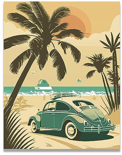Inspirational Wall Art Co. - Palm Trees | Retro Volkswagen Beetle Beach Poster - Vintage Surf Prints - Pictures For Beach House | 11x14 Inches Unframed - color: Beachscape