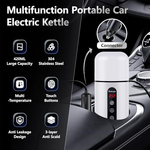 Car Electric Kettle,Portable Travel Kettle,12V/24V Car Coffee Warmer,420ML Hot Water Heater with Built-in Magnetic Induction Stirring,Small Mini Hot Water Boiler for Tea Coffee Milk - color: White