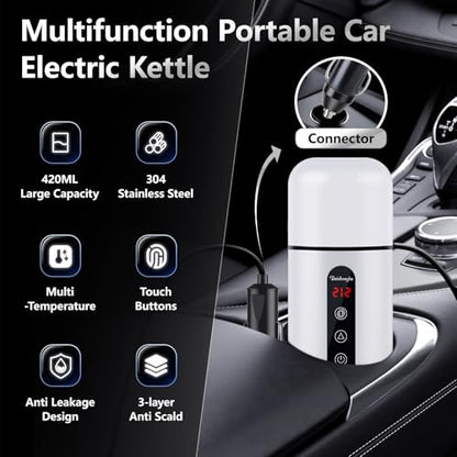 Car Electric Kettle,Portable Travel Kettle,12V/24V Car Coffee Warmer,420ML Hot Water Heater with Built-in Magnetic Induction Stirring,Small Mini Hot Water Boiler for Tea Coffee Milk - color: White