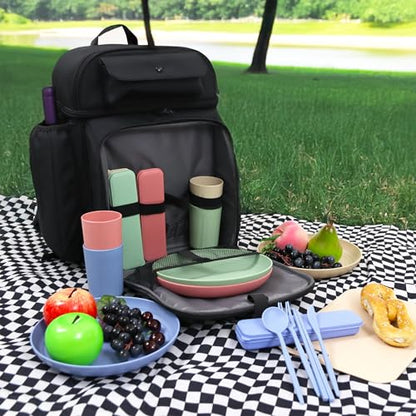 J World Picnic Backpack Cooler for 4. Insulated Picnic Basket Set with Folding Waterproof Blanket. Beach Camping Wedding Engagement Gift for Couples, Green - color: Green