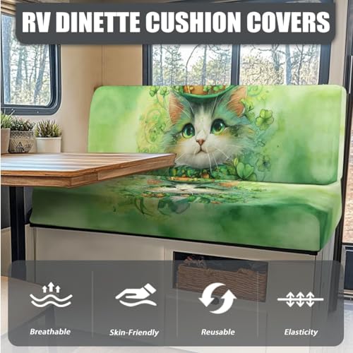 Cat Hat Shamrock RV Dinette Cushion Covers Washable Sofa Furniture Protector Stretch RV Couch Covers St. Patrick's Day Accessories Backrest Cover and Pillowcase - color: Cat Hat Shamrock