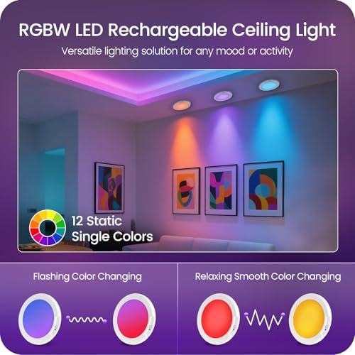 Motion Sensor Rechargeable Shower Light for Inside Shower with Remote, RGBW Battery Operated Ceiling Light, Wireless, Color-Changing Ambient Light, Warm-to-Cool Whites, Dimmable, Timer, Magnetic - style: RGB Color & White