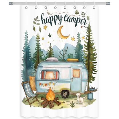 Happy Camper Small Stall RV Shower Curtain Rustic Tree Mountain Adventure Tent Camping Bathroom Curtains Travel Trailer Bathroom Accessories Set with Hooks 47 x 64 Inches - color: Blue, size: 47"W x 64"L (Pack of 1)