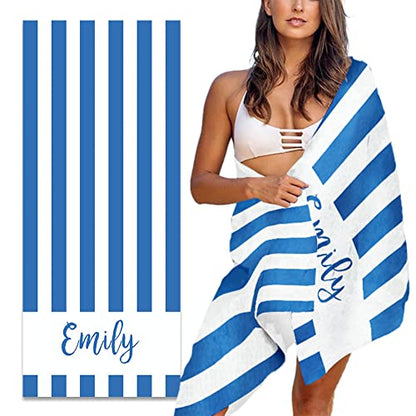 MeMoShe Personalized Beach Towel Graduated Gifts for Students Custom Microfiber Beach Towels with Name Sand Free Pool Towel Quick Dry Blanket Stripes Print Beach Towels for Adults 30x60 Inch-Blue - color: Blue