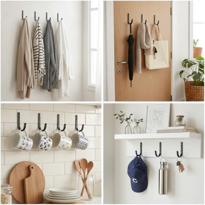 4 Pack Wall Hooks，Metal Hooks Hold up to 22 LB，Hooks Wall Mount for Hanging Towel/Coat/Bag/Keys/Cups，Ideal for Bathroom，Outdoor，Closet，Kitchen, Garage, Black - color: Black