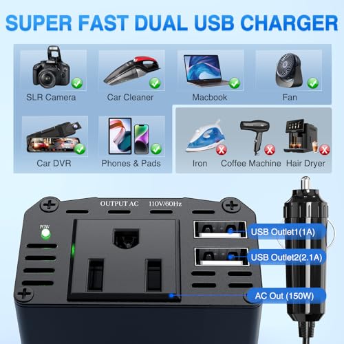 Nilight 150W Power Inverter 12V DC to 110V AC Car Charger Converter with 3.1A Dual USB Ports and 1 AC Outlets for Phones Tablets Laptop Computer Game Console Kindle iPad DVD Players Black - color: 150W USB*2 110V Outlet