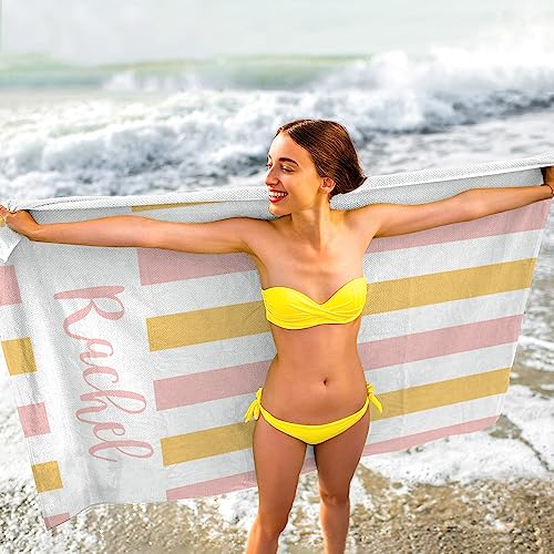 MeMoShe Personalized Beach Towel with Name Custom Microfiber Kids Beach Towels Sand Free Quick Dry Pool Towel Blanket Stripes Print Beach Towels for Adults 30x60 Inch - color: Multi-color 4