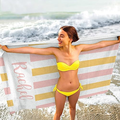 MeMoShe Personalized Beach Towel with Name Custom Microfiber Kids Beach Towels Sand Free Quick Dry Pool Towel Blanket Stripes Print Beach Towels for Adults 30x60 Inch - color: Multi-color 4