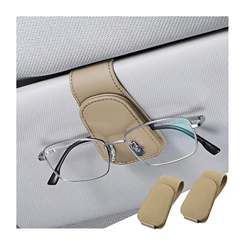 zipelo Sunglasses Holder for Car Sun Visor, 2 PCS Magnetic Leather Eyeglass Hanger, Sun Glasses Mount Clip on Visors, Ticket Card Cash Organizer, Auto Interior Accessories (Beige) - color: Beige, size: 2 PCS