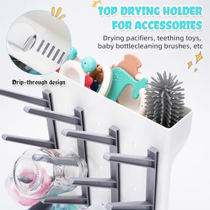 Baby Bottle Drying Rack: Space Saving Vertical Bottle Drying Holder with Brushes Holder - Large Bottle Storage Holder Organizer 12 Bottles & Baby Accessories,BPA-Free, Gray - color: Gray