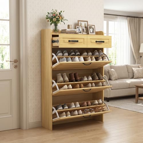 Vibe & Dine Large Shoe Cabinet with 3 Flip Drawers & 2 Storage Drawers, Narrow Shoe Organizer Cabinet Fits for Kinds of Shoes, Shoe Storage Cabinet for Entryway Slim, Natural Wood - color: Natural Wood, size: Large
