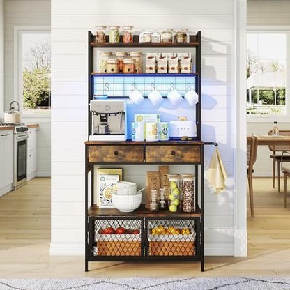 jiteentarou 64 inch Coffee Bar Cabinet with Power Outlets and Drawers,5-Tier Bakers Rack with Storage,Microwave Stand for Kitchen Industrial Coffee Bar Station with LED Lights and Hook
