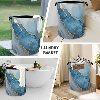 Blue Gold Marble Laundry Basket,Foldable with Handles Tote Bag Oxford Cloth for Bathroom Bedroom Dirty Clothes Storage Bucket 16" x 20.8" - color: Blue Gold Marble