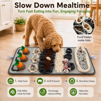Snuffle Mat for Dogs – Extra Large 32'' x 20'', Washable Slow Feeder Dog Toy, Durable Interactive Dog Puzzle for Mental Stimulation & Nosework Training, with Anti-Slip Suction Cups - color: Gray-Black